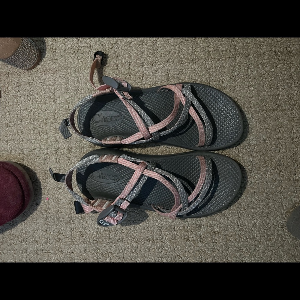 Grey and pink Chacos